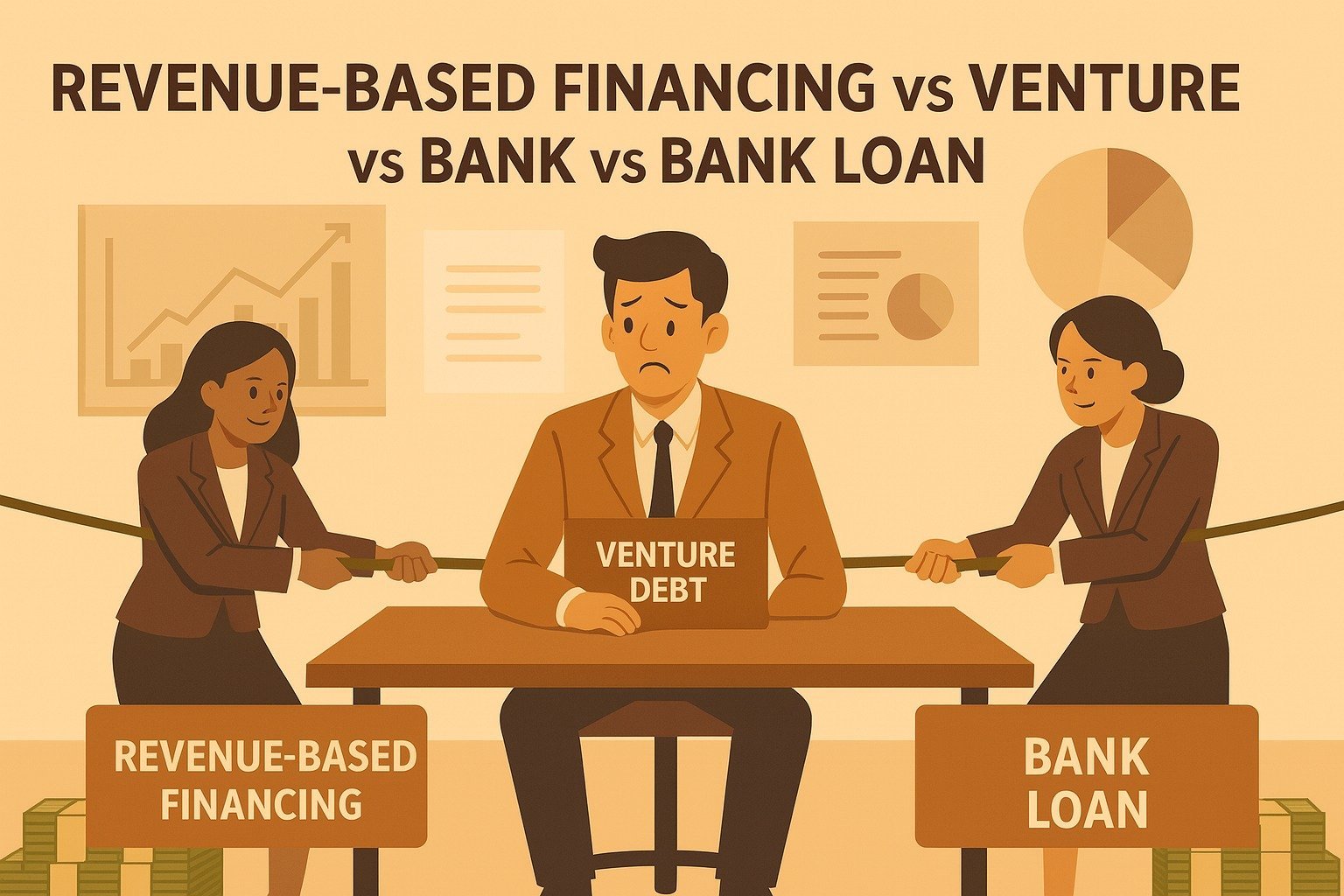 Infographic comparing Revenue-Based Financing, Venture Debt, and Bank Loan for Indian startups